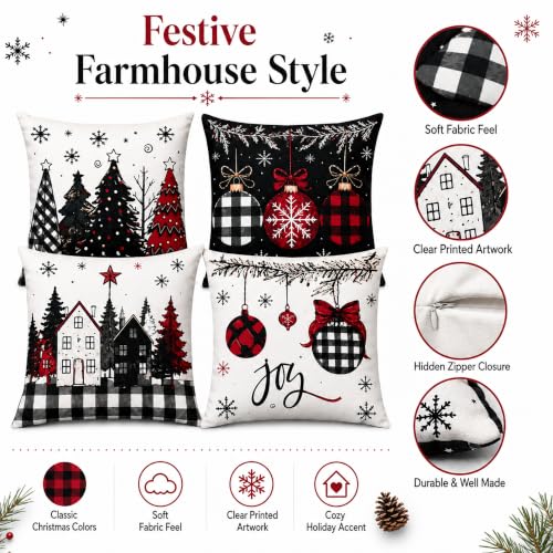 OHOME Christmas Decorations - Set of 4 Double-Sided Print Pillow Covers, Red & Black