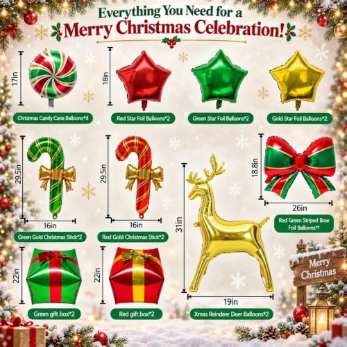 Pinbra Christmas Foil Balloons Kit - Candy Cane, Reindeer, Star & Gift Box Party Decorations