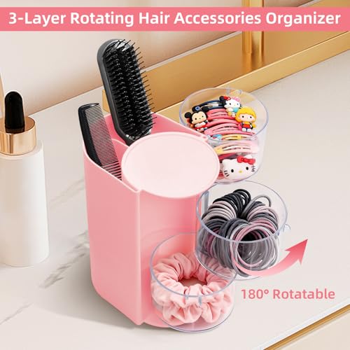 Neotidy Pink Rotating Hair Accessories Organizer with Brush & Tiered Storage