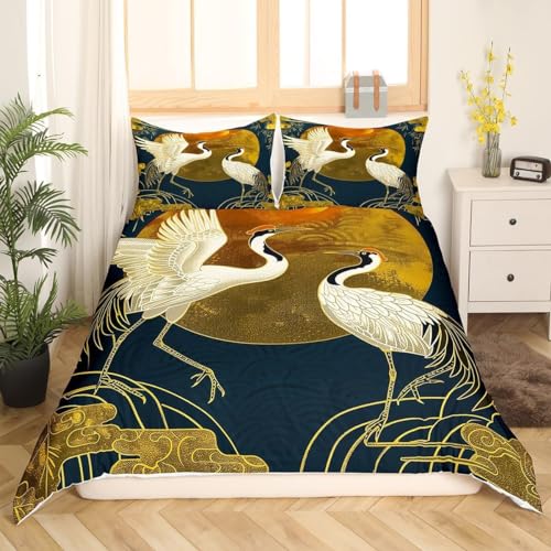 Japanese Crane and Cloud Duvet Cover Set, Queen Size 3-Piece Bedding