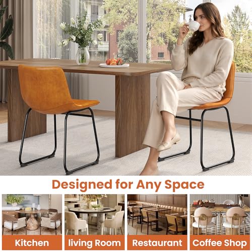 Modern PU Leather Dining Chairs - Set of 6 Brown Armless Kitchen Chairs