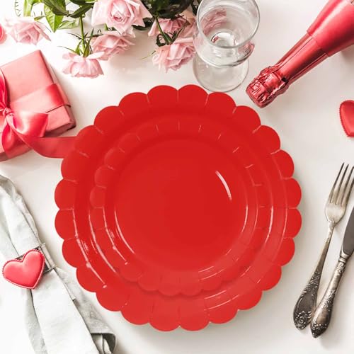 50 Pcs Red Scalloped Paper Plates 25 × 7'' and 9'' Disposable Dinner