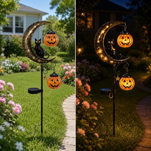 Solar Black Cat & Pumpkin Moon Garden Stake Light - Waterproof Pathway Decor