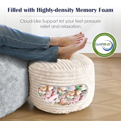 Round Corduroy Pouf Ottoman - 20x15 Inch Memory Foam Footrest for Living Room