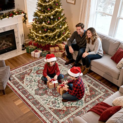 Red Christmas Area Rug 5x7 5' x 7' Boho Washable Non-Slip Floral Vintage Carpet (U'Artlines)