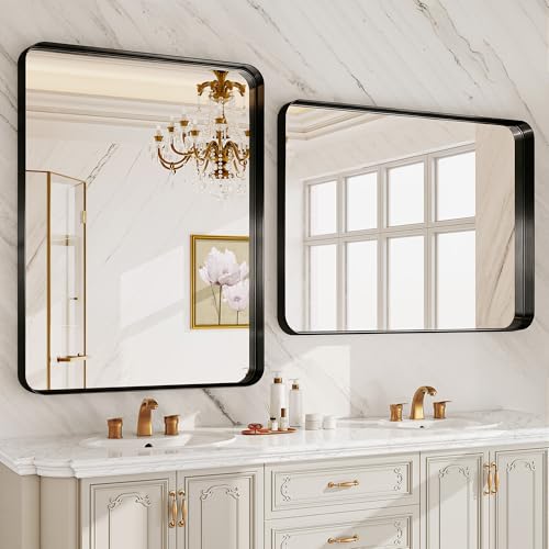 30x36 Inch Matte Black Bathroom Wall Mirror, Shatterproof Tempered Glass
