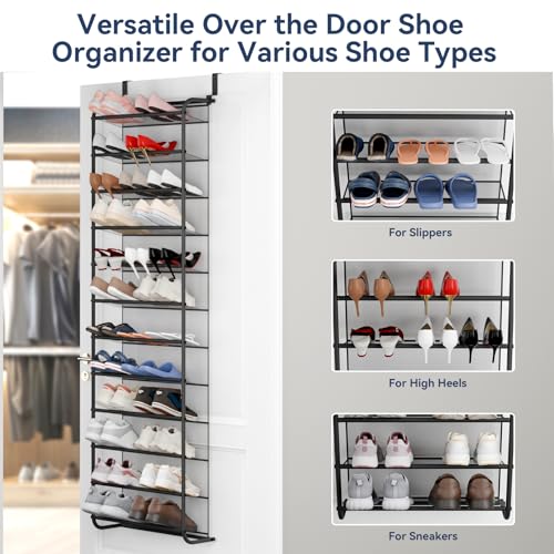 12-Tier Over the Door Shoe Organizer for 36 Pairs, Metal & Mesh Shoe Rack
