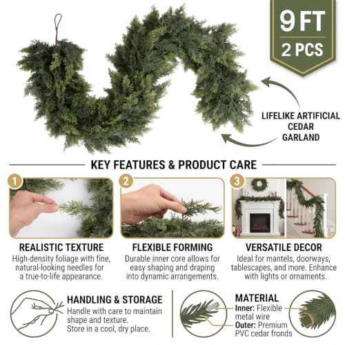Rowfad 9FT Christmas Cedar Garland, 2 Pcs Real Touch Dark Green Holiday Decor
