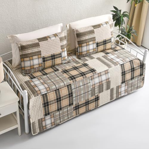 3-Piece Plaid Daybed Cover Set - Twin Quilted Bedspread with Pillow Shams