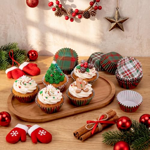 FillTouch 240 Pcs Red & Green Plaid Cupcake Liners - Standard Size Baking Cups