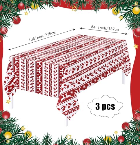 HEIPINIUYE 3 Pack Christmas Disposable Tablecloths 54x108 Inch Red & White Holiday Party Cover