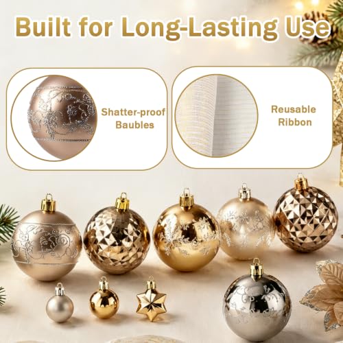 CLEANGOR 72Pcs Christmas Ornament Set – Champagne Gold Decor Kit