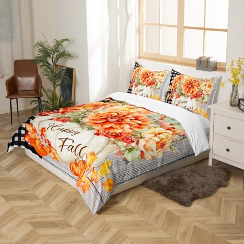 Fall Pumpkin Harvest Duvet Cover Set, Rustic Farmhouse Queen Bedding