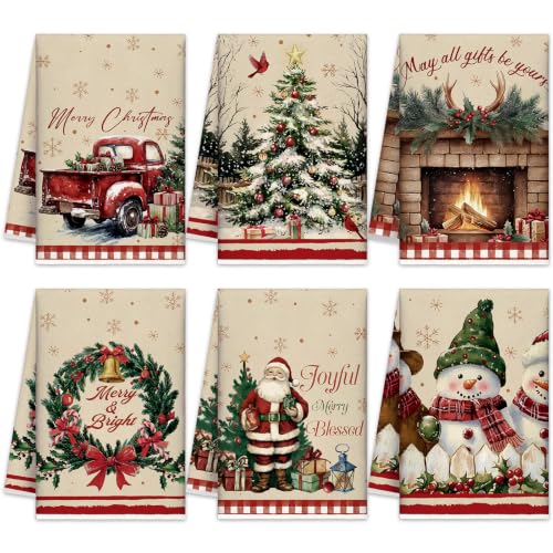 Vintage Christmas Kitchen Towels 6 Pack Santa Snowman Dish Hand Towels Beige Red