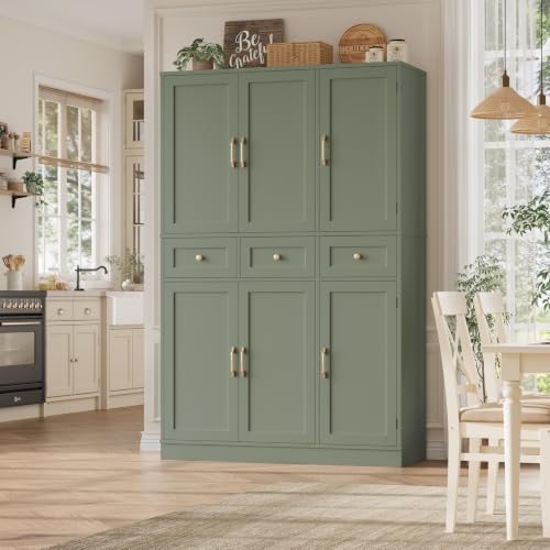 72-Inch Tall Kitchen Pantry Cabinet with Swing-Out Doors and Drawers, Green