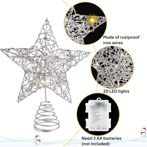 AUMAYCO Silver Star Tree Topper 20 LED Lights Christmas Decoration, Remote Control, 11.8 x 9.5 Inch