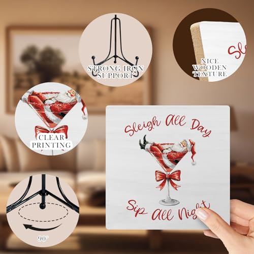 Santa Martini Christmas Wood Desk Sign with Stand - 5x5in, Red Bow, SkipTiger (Variation: Santa Martini)