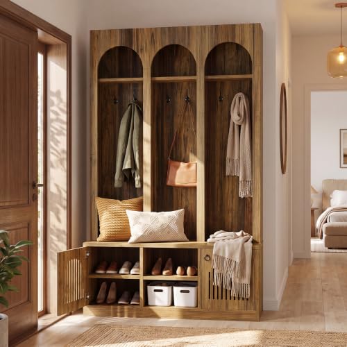 Farmhouse Rustic Entryway Coat Rack & Shoe Storage Bench - 71" Hall Tree