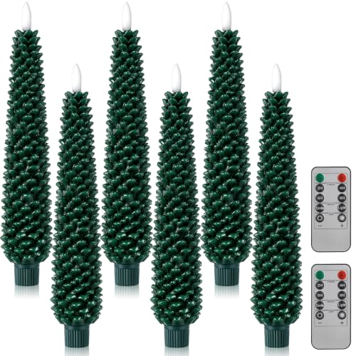 Funtery 6-Pack 10in LED Pine Cone Candles Flameless Real Wax with Remote (Green Pinecorn)