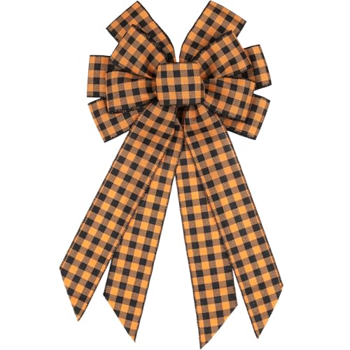 Large Buffalo Plaid Wreath Bow - 11x20 Inch Orange & Black Fall Decor