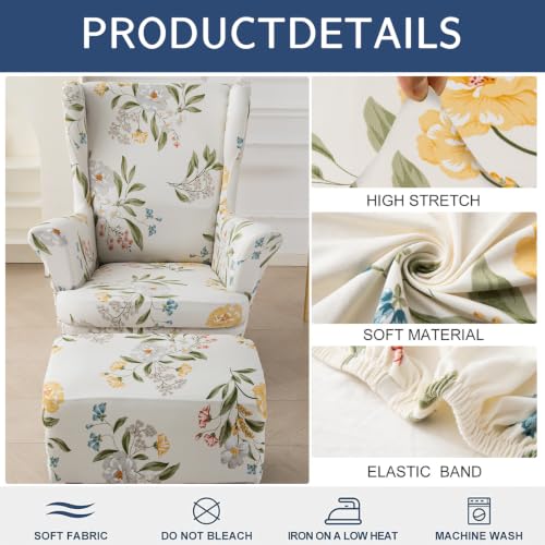 Stretch Wing Chair Cover Set with Ottoman - 3 Piece Slipcover