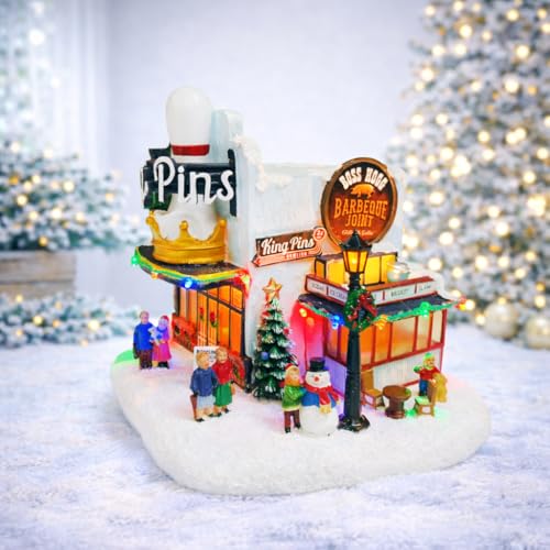 Lighted Christmas Village House - LED Bowling Alley Scene (8.3")