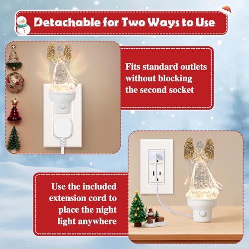 Xanqinluma 2 Pack Christmas Angel Night Lights - Glitter Water Nightlight with USB & Wall Plug Options