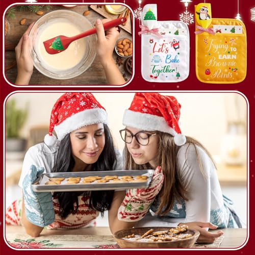 Christmas Pot Holders with Pockets & Silicone Spatulas Set – Heat-Resistant Oven Mitts Gift Pack