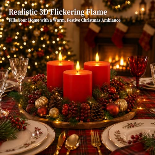 Homemory 3x3 Red Flameless Candles with Remote Timer, Battery Operated 3PC