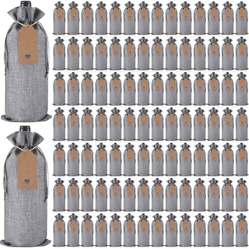 Windyun 100Pcs Burlap Wine Bags with Drawstring, Gray, Gift Sacks for 750ml Bottles