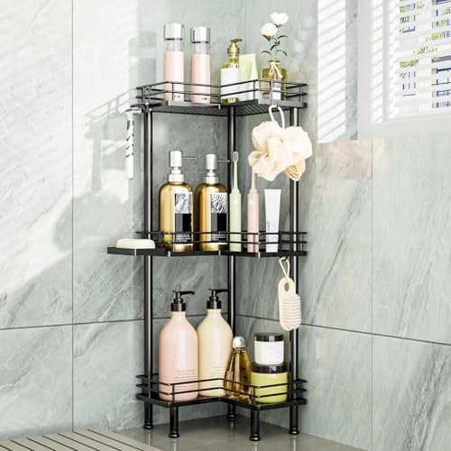 3-Tier Stainless Steel Corner Shower Caddy Stand with Hooks