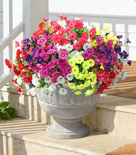 12 Bundles Artificial Morning Glory Flowers with Eucalyptus - UV Resistant Faux Plants for Outdoor Decor