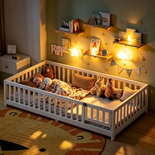 Twin Montessori Floor Bed Frame with Safety Rails and Door, White