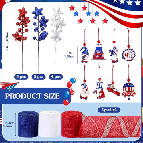 Patriotic Tree Decorations Set - 43 Pieces with Bow Style for 4th of July & Independence Day