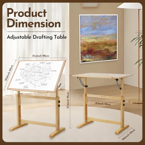 Adjustable Wooden Drafting Table with Tiltable Surface, 35.5" x 23.5"
