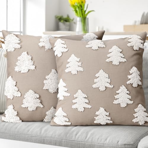 Mixweer Beige Christmas Pillow Covers 18x18 Inches Tree Embroidery Holiday Decor - Tree / Beige