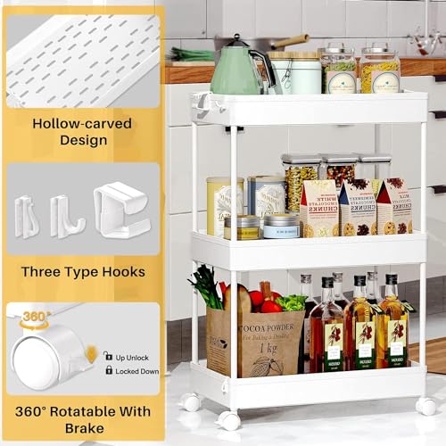 3-Tier Slim Rolling Utility Cart, Mobile Storage Organizer with Wheels - White