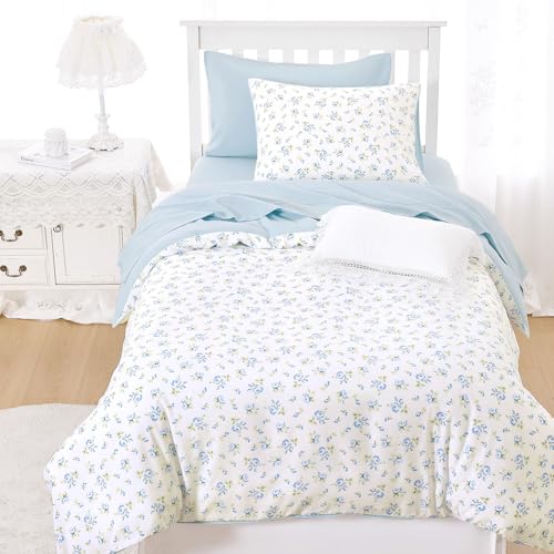 Floral Comforter Set Twin/Twin XL - 3 Piece Soft Flower Bedding, White Blue