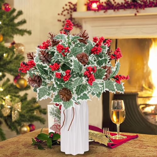 Xmas 6pcs Artificial Christmas Flowers with Holly Berries Pine Cones, Detachable Holiday Decor