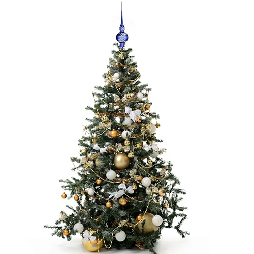 Blue Glass Christmas Tree Topper - Handcrafted Snow Glitter Finial, 11 Inch