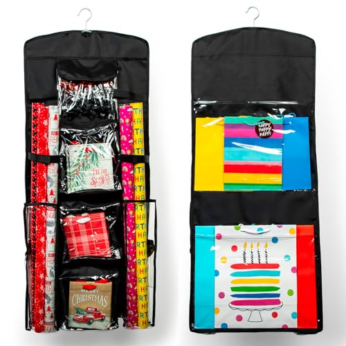 Gift Wrap Organizer Storage Container with Pockets and Roll Slots, Black