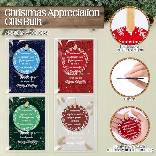Barydat 48 Christmas Thank You Ornaments Bulk - Blue, Green, Khaki, Red with Cards & Ribbons