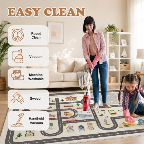 Kids Town Road Play Rug, 5x7 Ft Faux Wool Interactive Car Map for Playroom