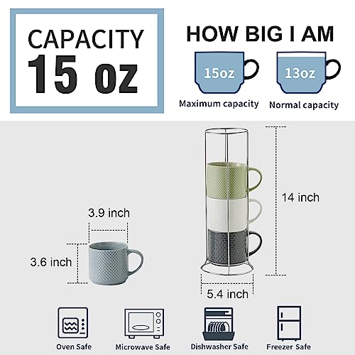 HASENSE Multicolor 15 oz Ceramic Coffee Mug Set with Metal Stand, Stackable Latte Cups for Tea & Cappuccino