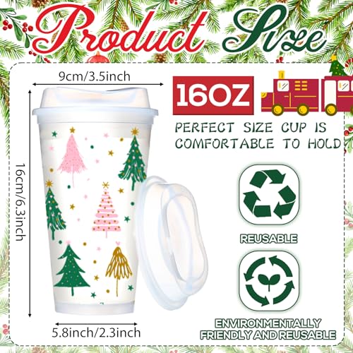 Bokon 12 Pack Clear Plastic Cups with Lids 16oz Boho Christmas Tree Design