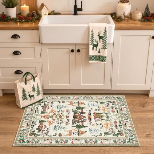 Jinchan Cabin Tales Beige 2x3 Christmas Rug for Entryway & Kitchen, Washable Holiday Decor