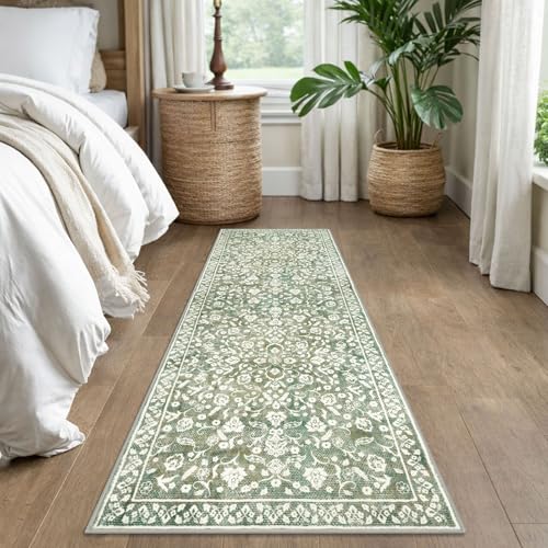 Washable Vintage Floral Runner Rug 2x6 Non-Slip Sage Green Beige