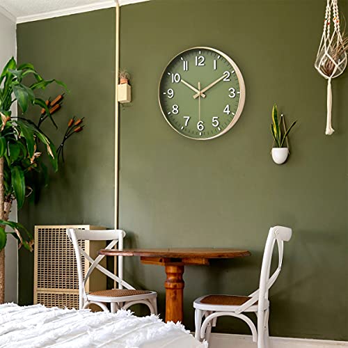12-Inch Silent Non-Ticking Wall Clock, Olive Green and Gold Modern Decor