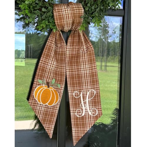 Autumn Plaid Wreath Sash with Pumpkin Embroidery and White Letters
