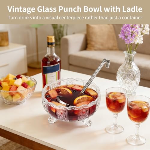 Vintage Glass Punch Bowl with Ladle - 10-Inch Pedestal Serving Bowl Set